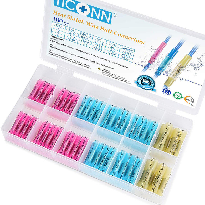 [Australia - AusPower] - TICONN 100pcs Heat Shrink Butt Connectors Kit, Insulated Waterproof Electrical Marine Automotive Wire Crimp Terminals, Butt Splice (3 Colors / 3 Sizes) (100PCS) 