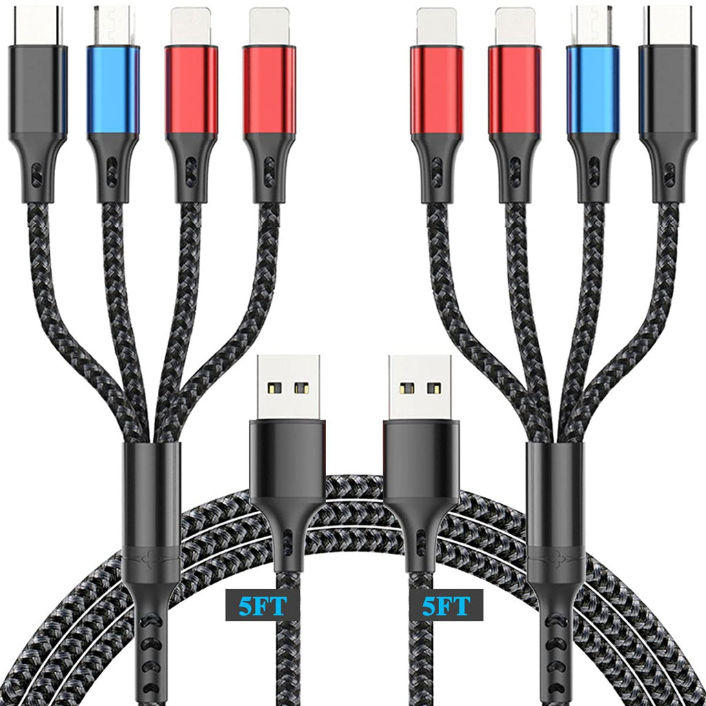 [Australia - AusPower] - Multi Charging Cable 3A (2Pack 5FT) Nylon Braided Universal 4 in 1 Multiple Ports Devices USB Fast Charger Cord with Type C/Micro USB Connectors for Phones Tablets and More 
