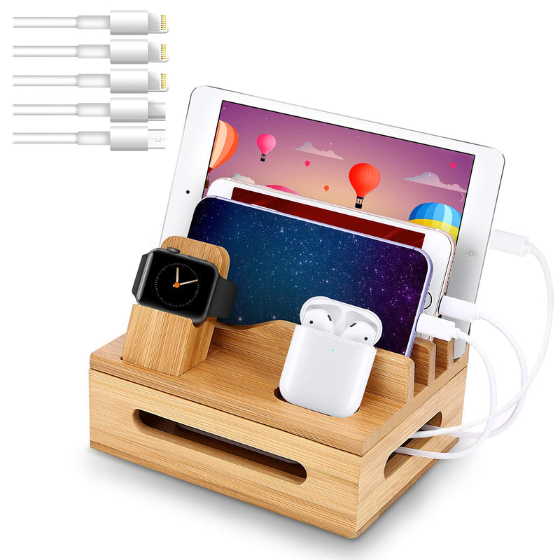 [Australia - AusPower] - Bamboo Charging Station for Multiple Devices - Wooden Charging Station Organizer Cell Phone Dock Desk Organizer for Apple - Bamboo Wood Docking Device Organizer (5 USB Cables, No Power Supply) 