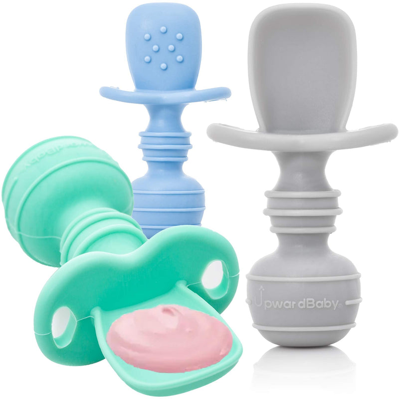 [Australia - AusPower] - Led Weaning Silicone Baby Spoons - Chewable Utensils Set for Toddlers - UpwardBaby 3 Baby Self Feeding Spoons for Stage 1-6mos+ Anti Choke Barrier BPA Free 