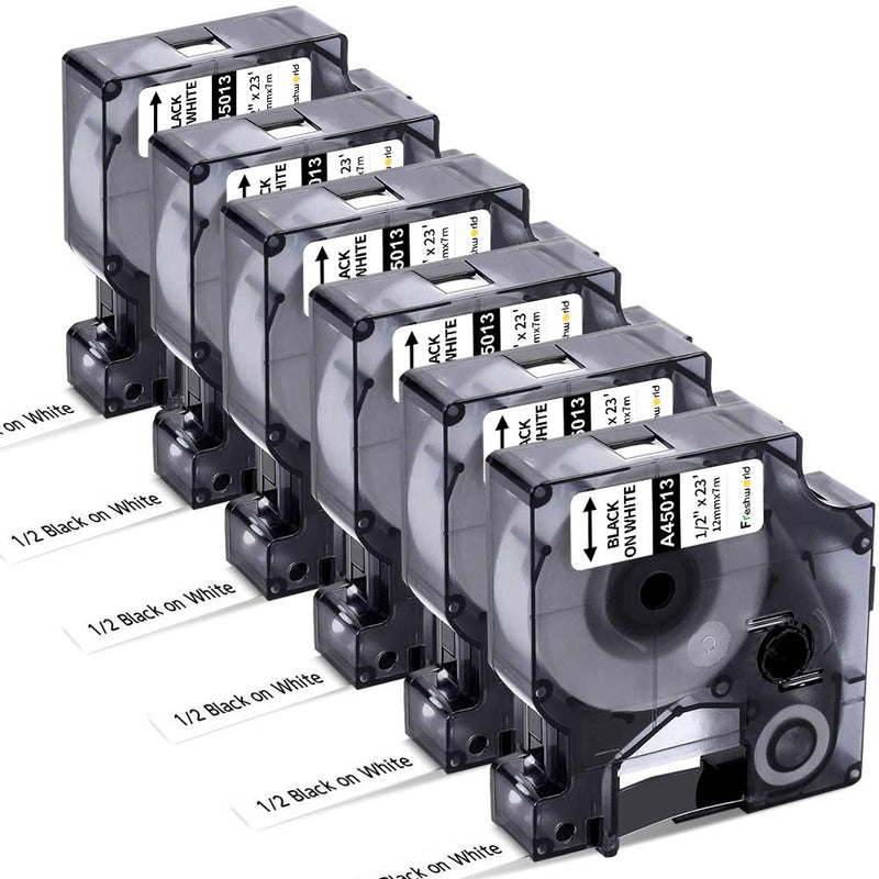 [Australia - AusPower] - Freshworld 6-Pack Replacement for Dymo D1 Label Tape 45013 S0720530 Refill, Black on White,1/2 Inch (12mm) x 23 Ft(7m),Labeling Tape for Dymo LabelManager PnP 160 210D 260P 280 360D 420P Label Maker 