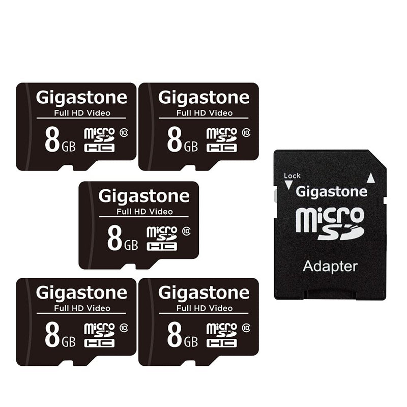 [Australia - AusPower] - [Gigastone] 8GB 5-Pack Micro SD Card, Full HD Video, Surveillance Security Cam Action Camera Drone, 80MB/s Micro SDHC Class 10, with Adapters 8GB Full HD Video 5-Pack 