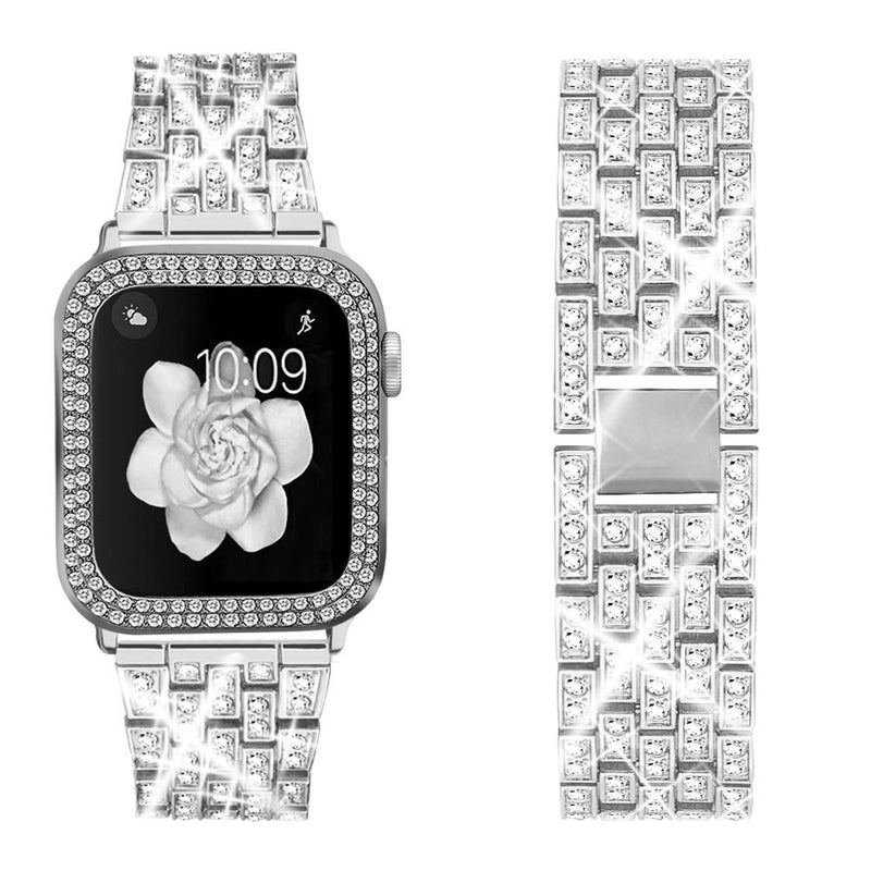 [Australia - AusPower] - Bekomo [3-pack] Compatible for Apple Watch Band 42mm with Rhinestone Protective Cover,1pack Women Girls Bling Diamond Metal Strap & 2pack Soft PC Bumper Protective Case for iWatch Series 6/5/4. Silver+case+case 