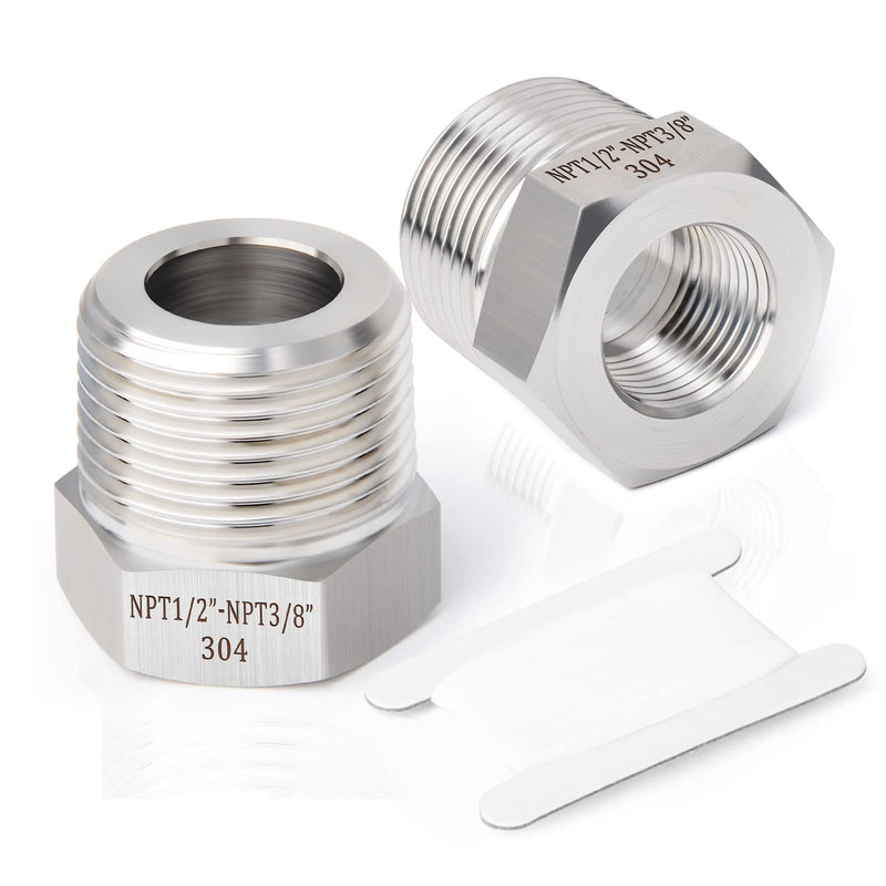[Australia - AusPower] - TAISHER 2PCS Forging of 304 Stainless Steel Reducer Hex Bushing, 1/2" Male NPT to 3/8" Female NPT, Reducing Forging Pipe Adapter Fitting 1/2” MNPT x 3/8“ FNPT 2 