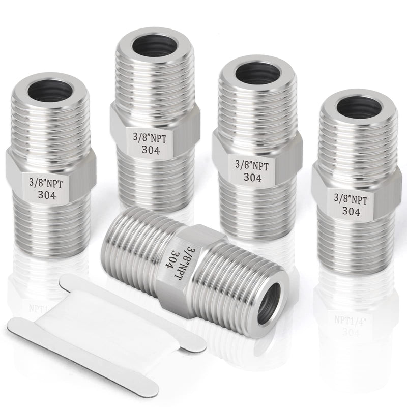 [Australia - AusPower] - TAISHER 5PCS 304 Stainless Steel Hex Nipple, Pipe Fitting 3/8-Inch Male Pipe x 3/8-Inch Male Pipe 3/8" NPT x 3/8" NPT 5 