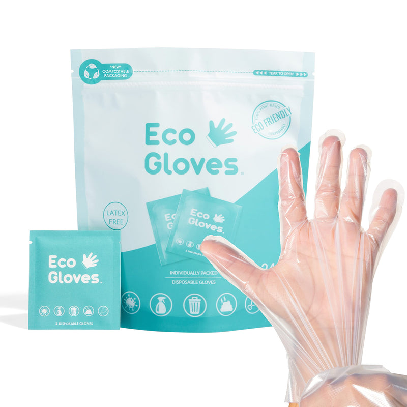 [Australia - AusPower] - Eco Gloves Individually Wrapped Compostable Gloves | Plant-Based & Eco-friendly | For On-the-Go Protection, Cleaning, Food Handling, Pet Care | One Size Fits Most | 24 Pairs/Bag 