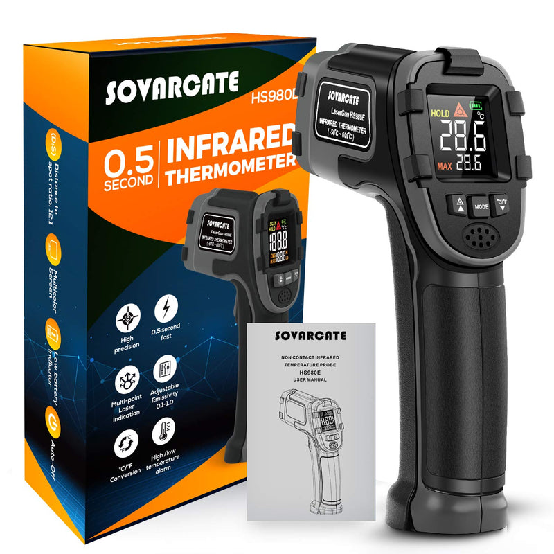 [Australia - AusPower] - Infrared Thermometer SOVARCATE Digital IR Laser Thermometer Temperature Gun High and Low Temperature Alarm -58°F~1112°F Temperature Probe Cooking/Air/Refrigerator 