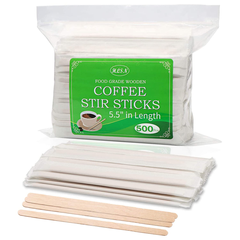 [Australia - AusPower] - HLSN Disposable Wooden Coffee Tea Beverage Stir sticks，5.5 Inches 500PCS Individually Wrapped Natural Birch Degradable Food Grade Certification 