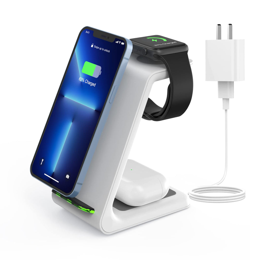 [Australia - AusPower] - Wireless Charging Stand, GEEKERA 3 in 1 Wireless Charger Dock Station for Apple Watch 7 6 SE 5 4 3 2, Airpods 2/Pro, iPhone 13Pro Max/13 Pro/13/12/12 Pro/12 Pro Max/Qi-Certified Phones White 