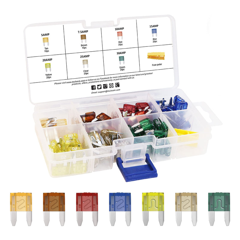 [Australia - AusPower] - MulWark 120pc ClearMark Assorted Auto Mini-Car-Truck-Blade-Fuses Set- 5A 7.5A 10A 15A 20A 25A 30A - ATM Automotive Replacement Auto Fuse Assortment Kit w/A Puller -for Boat,Marine,RV,SUV,Trike… MLK-53781 
