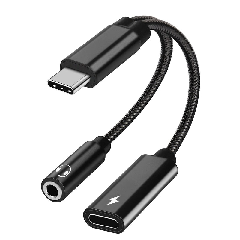 [Australia - AusPower] - 2 in 1 USB C to 3.5mm Headphone and Charger Adapter, USB C to AUX Mic Jack with PD 60W Fast Charging for Stereo, Earphones, Compatible with Samsung Galaxy S22 S21 S20 S20+, Google Pixel 5 4 3 XL Black 