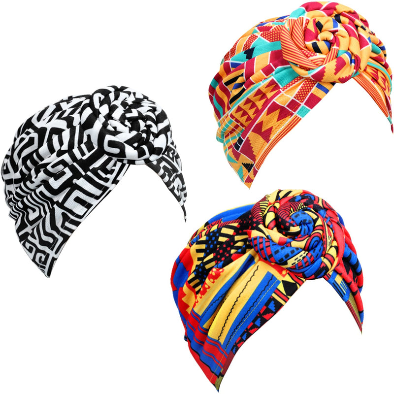 [Australia - AusPower] - SATINIOR 3 Pieces African Turban for Women Knot Pre-Tied Bonnet Beanie Cap Headwrap Black Orange Pink Geometry 