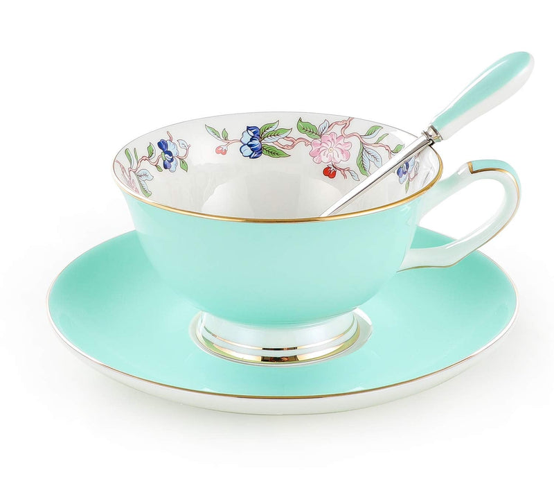 [Australia - AusPower] - 3 Piece Bone China Cup and Saucer Set with Spoon Vintage Porcelain Coffee Cup Set, Floral Tea Cup Set with Gold Trim and Gift Box, 7.1oz. reseda 