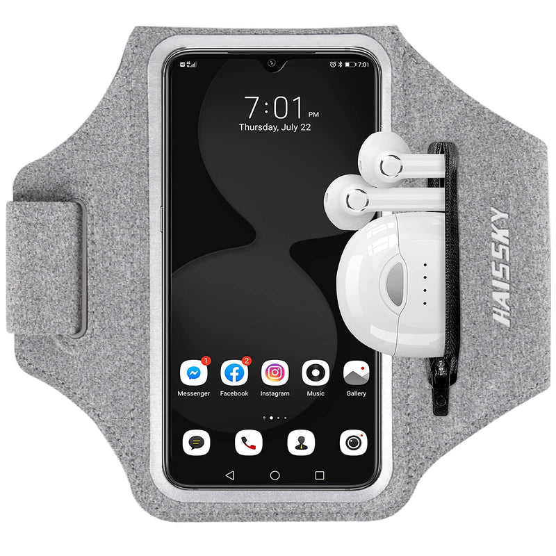 [Australia - AusPower] - HAISSKY Running Armband with Airpods Bag Cell Phone Armband for iPhone 12/11 Pro /11/XR/XS/X/8, Galaxy S9/S8 Water Resistant Sports Phone Holder Case & Zipper Slot Car Key Holder for 6.5 inch Phone Grey (Up to 6.5'') 