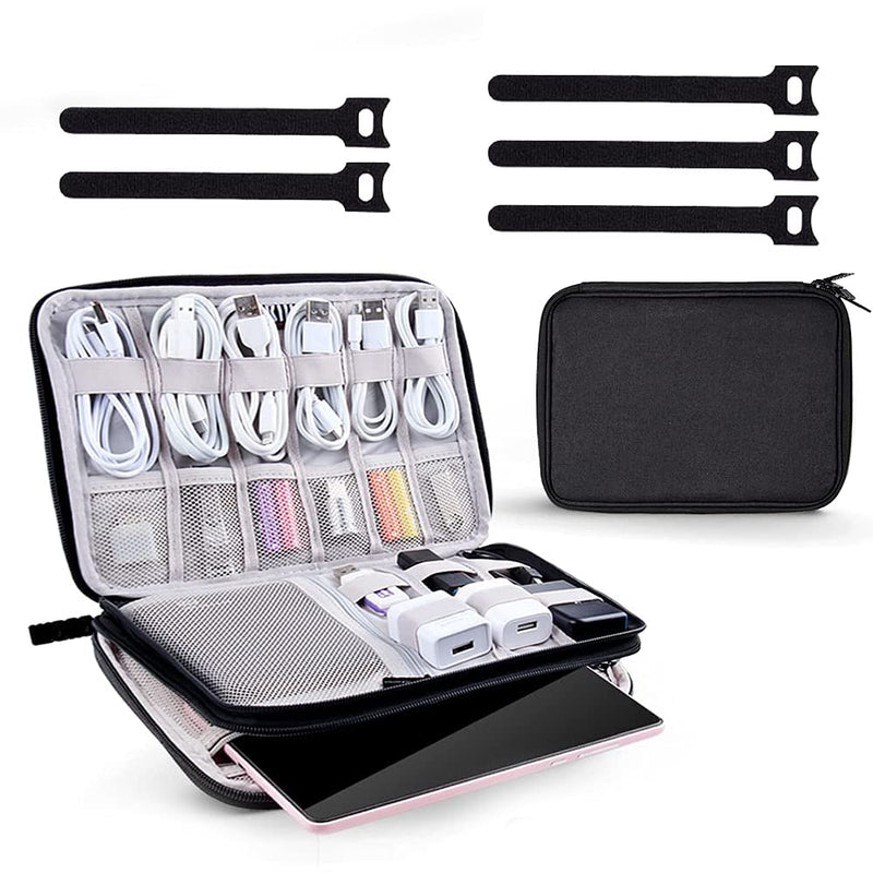 [Australia - AusPower] - Electronics Organizer Travel Cable Organizer Bag with 5 PCS Reusable Fastening Cable Ties Double Layer Pouch Electronic Accessories Carry Case for Cable, Cord, Charger, Flash Drive, Phone, Ipad Mini,SD Card (Black) 
