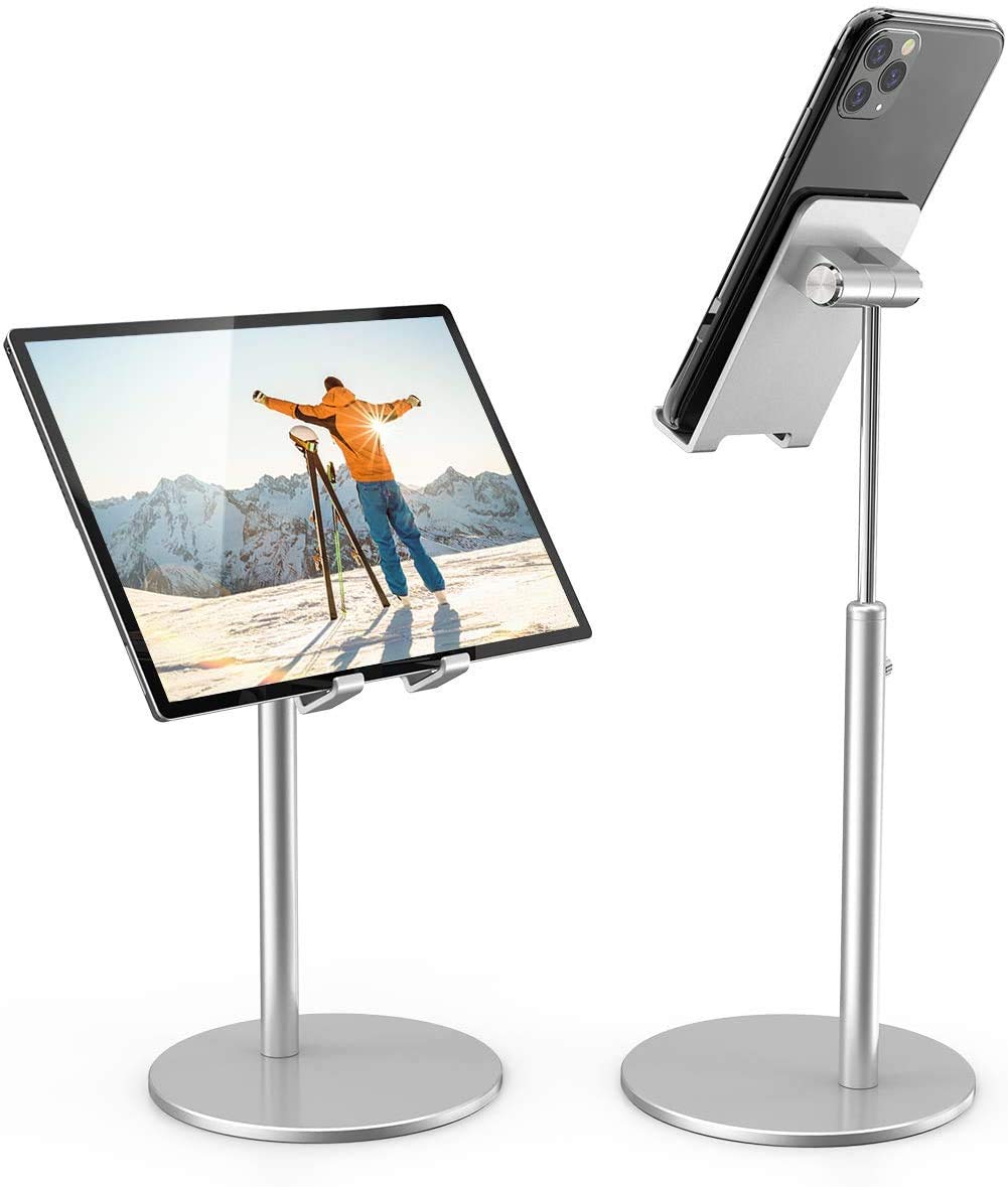 [Australia - AusPower] - KAERSI iPad Tablet Holder Stand, Height Angle Adjustable Desktop Cell Phone Stand Aluminum Compatible with iPhone iPad Pro 11, 9.7, 10.5 Air Mini 4 3 2, Nexus, Tab, Kindle, E-Reader (4-12'') - Silver 
