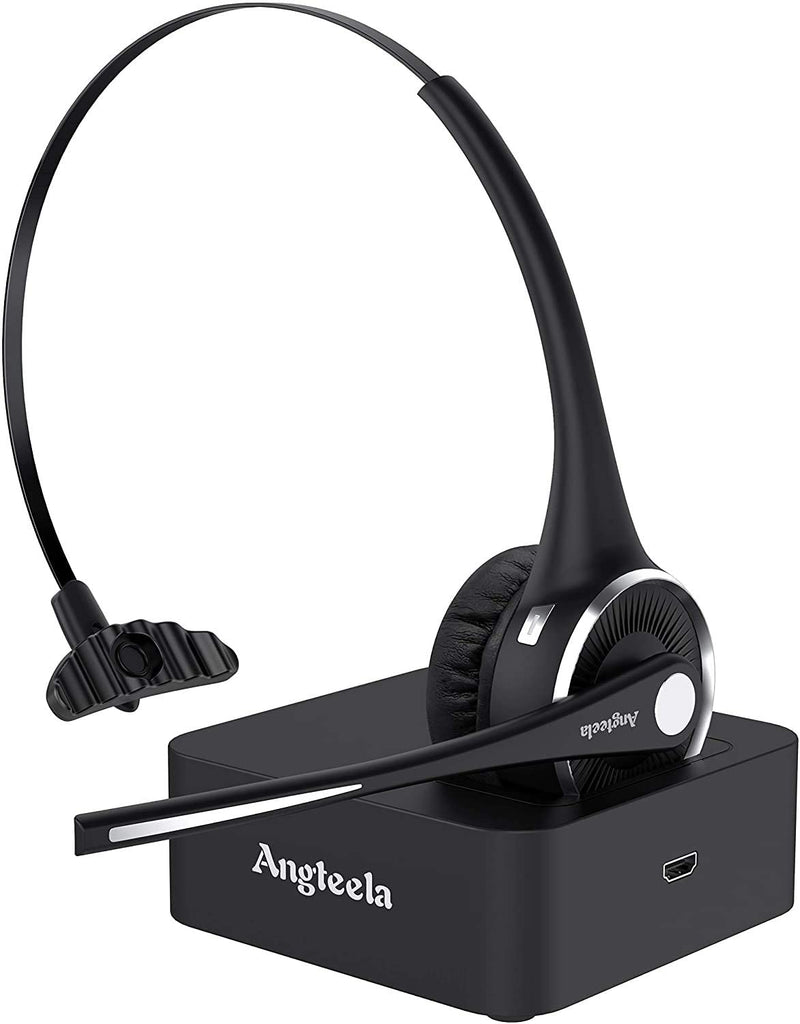 [Australia - AusPower] - Trucker Bluetooth Headset, Angteela Wireless Headset with Microphone, Wireless Cell Phone Headset with Noise Canceling Mic Charging Base Mute Function for Home Office Call Center Skype 