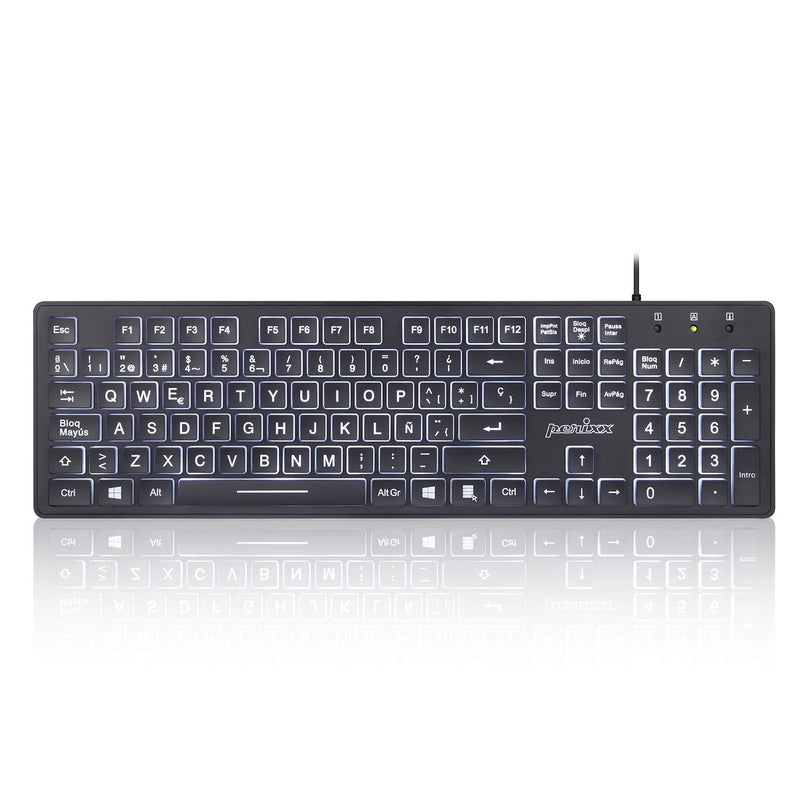 [Australia - AusPower] - Perixx PERIBOARD-317ES es un teclado con cable y retroiluminado LED, Letras impresas en grande con iluminación blanca, Teclado Full Size, QWERTY Español 