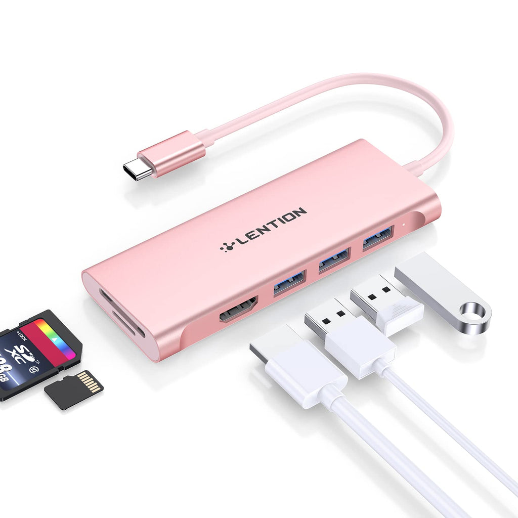 [Australia - AusPower] - LENTION USB C Hub with 4K HDMI, 3 USB 3.0, SD 3.0 Card Reader Compatible 2022-2016 MacBook Pro 13/15/16, New Mac Air/iPad Pro/Surface, More, Multiport Stable Driver Dongle Adapter (CB-C34, Rose Gold) 