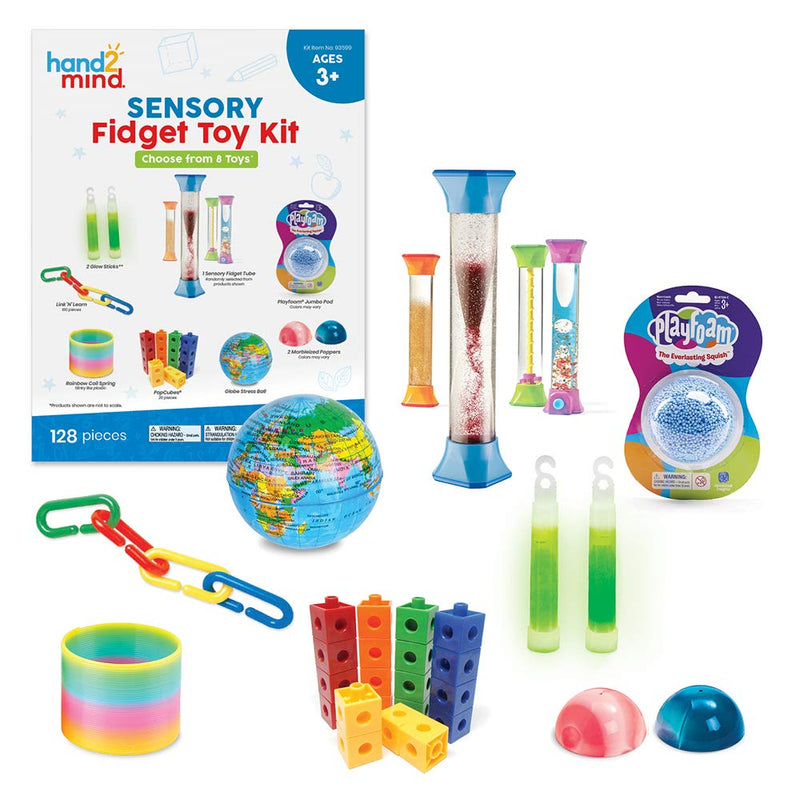 [Australia - AusPower] - hand2mind Sensory Fidget Toy Kits for Kids, Sensory Toys for Sensory Play, Play Therapy Toys, Fidget Tube, Mini Glow Sticks, Play Foam, Stress Ball, Fidget Links, Fidget Cubes & Spring (128 Pieces) Sensory Fidget Kit 