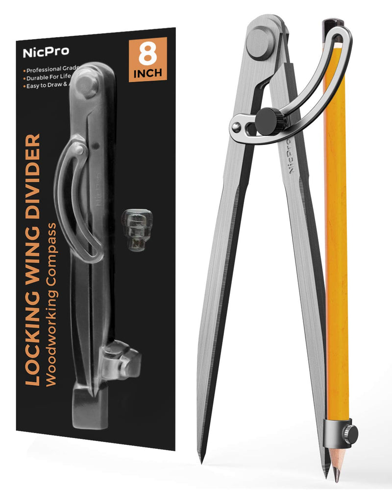 [Australia - AusPower] - Nicpro 8 Inch Compass for Woodworking with Wing and Pencil Holder, Professional Carpenter Pencil Compass Great for Geometry, Drawing, Drafting 