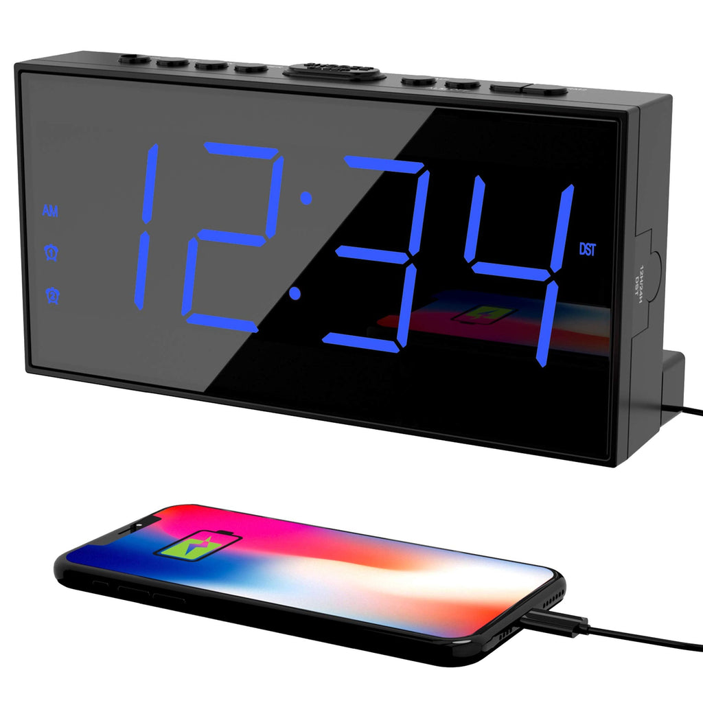 [Australia - AusPower] - Digital Dual Alarm Clock for Bedroom, Large Display Bedside Clock with Battery Backup, USB Phone Charger, Volume, Dimmer, Easy to Set Loud LED Clock for Heavy Sleepers Kid Senior Teen Boy Girl Kitchen Blue Digits 