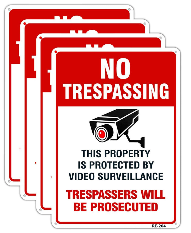 [Australia - AusPower] - Large Video Surveillance Signs Outdoor,No Trespassing Sign Aluminum 10x14 Inch UV Ink Printed for House and Business (4-Pack) 4-Pack 
