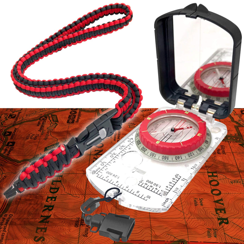 [Australia - AusPower] - Pro Hiking Compass Survival Gear and Equipment – Waterproof, Glow-in-the-Dark with Mirror Sighting – Neck Lanyard with 35-Ft Paracord Rope, Fire Starter Survival Tool, Whistle, Fishing Line 