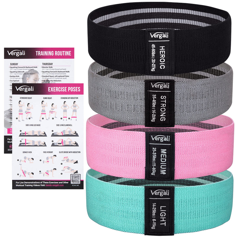 [Australia - AusPower] - Vergali Fabric Booty Bands for Women Butt and Legs. Set of 4 Non Slip Cloth Resistance Working Out Band for Glute, Thigh, Squat with Workout Resistant Fitness Training Guide to Exercise at Home or Gym 