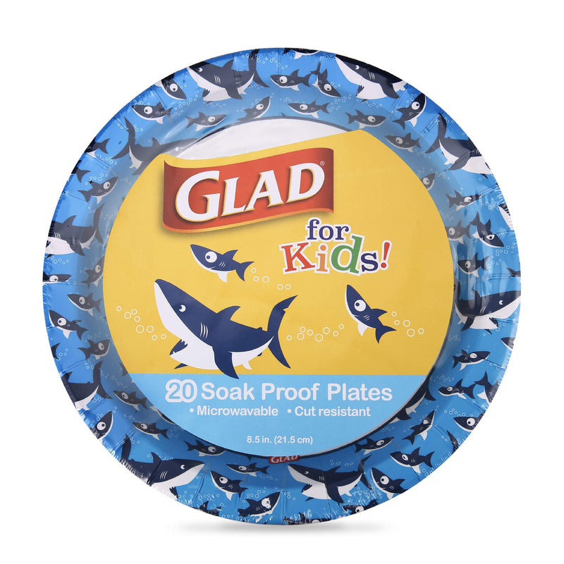 [Australia - AusPower] - Glad for Kids 8 1/2-Inch Paper Plates | Small Round Paper Plates with Cute Sharks Design for Kids | Heavy Duty Disposable Soak Proof Microwavable Paper Plates for All Occasions, 20 Count 8.5" Plates - 20 Count 