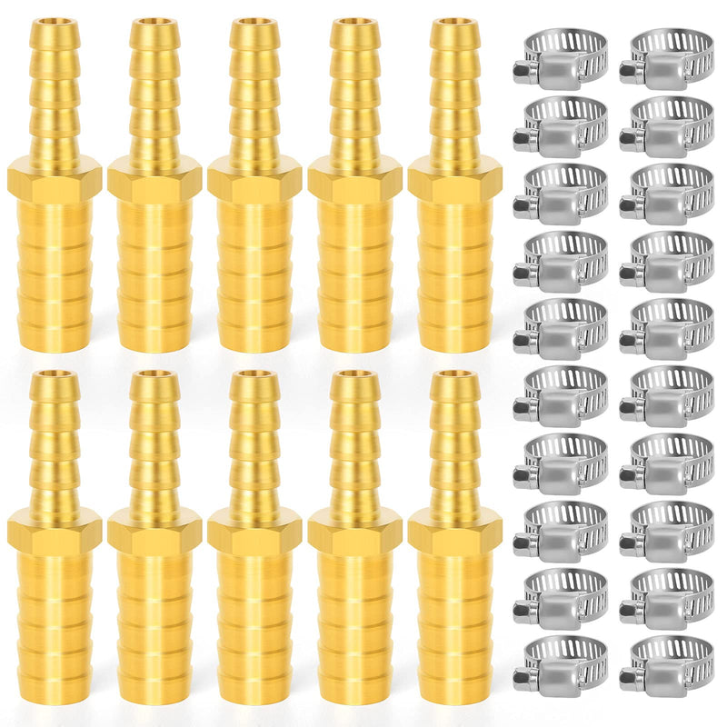[Australia - AusPower] - TAISHER 10PCS Brass Hose Barb Fittings 3/8 Inch to 1/4 Inch Barb Hose, Reducing Barb Brabed Fitting Splicer Mender Union Air Water Fuel with 20PCS Hose Clamp 3/8" Barb - 1/4" Barb 10 
