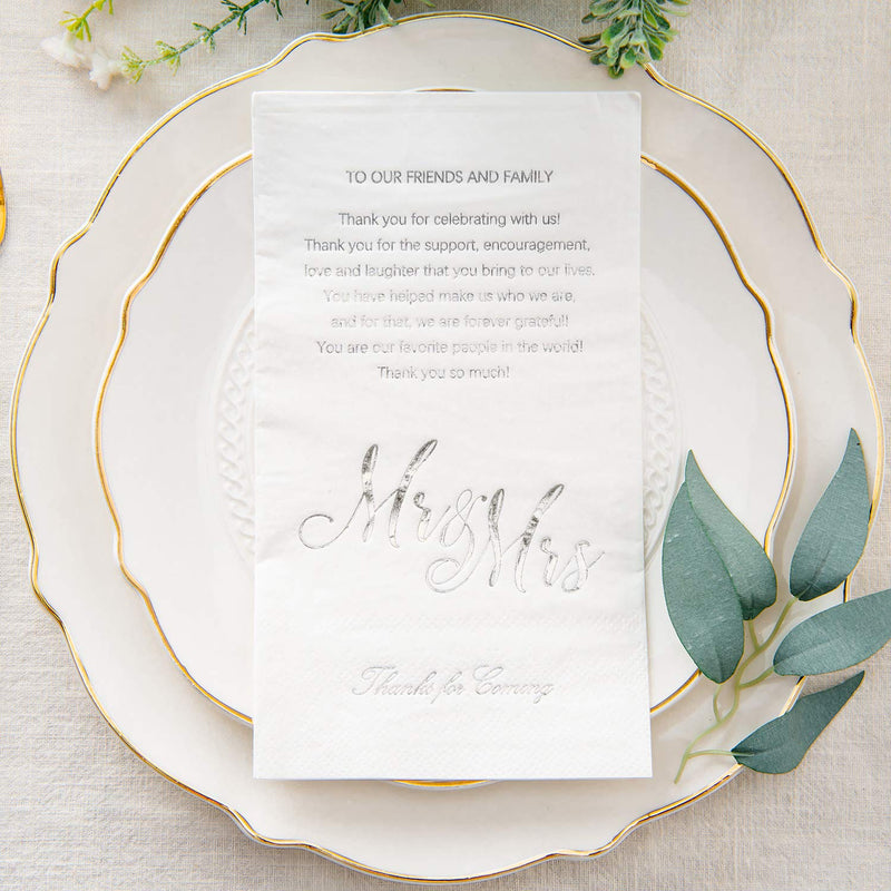 [Australia - AusPower] - Crisky Silver Mr & Mrs Dinner Napkins Wedding Dinner Napkins Replace Thank You Card Disposable Decorative Towels for Wedding Shower Banquet, Wedding Rehearsal Dinner Decoraions ,50 Pcs, 3-ply, 12"x16" 50 