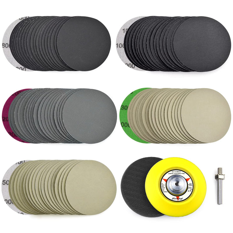 [Australia - AusPower] - POLIWELL 3 Inch (75mm) Assorted 800/1000/2000/3000/5000 Grit High Performance Heavy Duty Silicon Carbide Wet/Dry Hook & Loop Sanding Discs with 1/4 inch Shank Sanding Pad + Foam Buffering Pad, 100PCS 