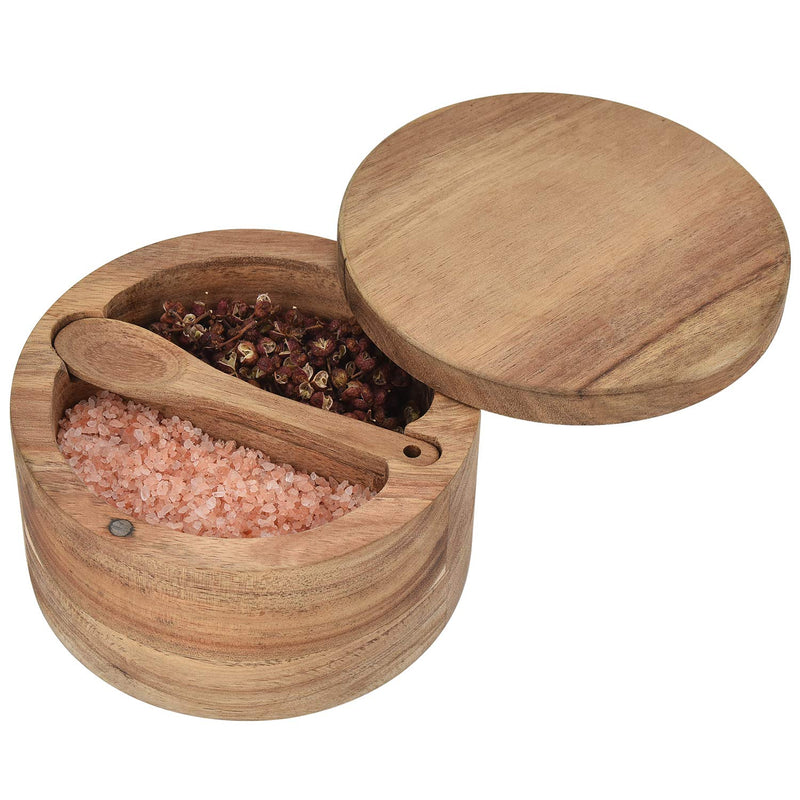 [Australia - AusPower] - Acacia Wood Salt and Pepper Cellar with Swivel Magnetic Lid Serving Spoon inside 2-Compartment for Storing Salt,Herbs,Spices 