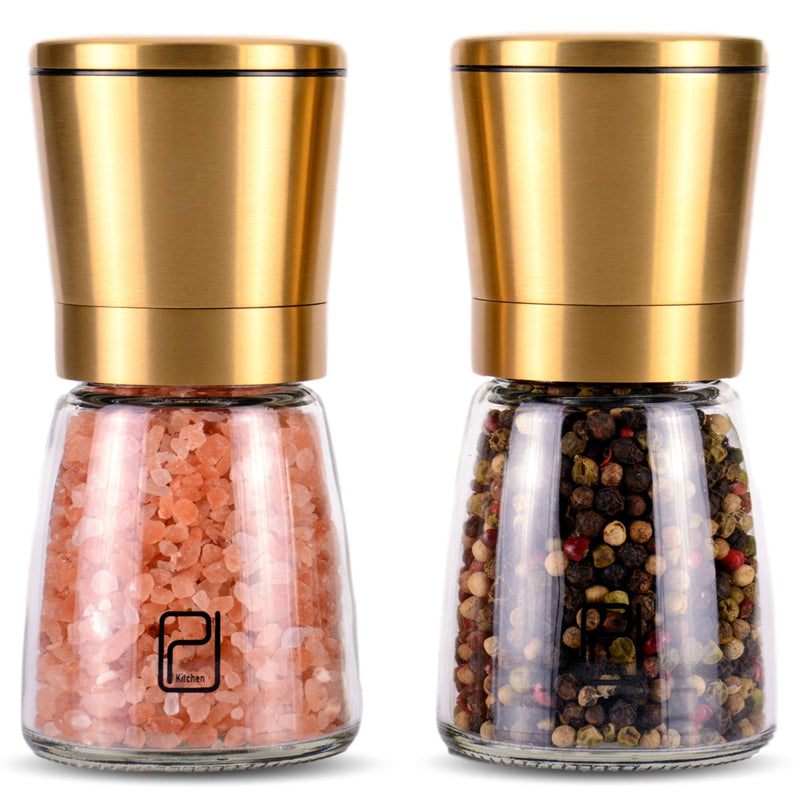 [Australia - AusPower] - Gold Salt and Pepper Grinder Set - Golden Salt and Pepper Shaker Mill - Brass Pepper Grinders Refillable - Adjustable Coarseness - Sea Salt, Black Peppercorn 