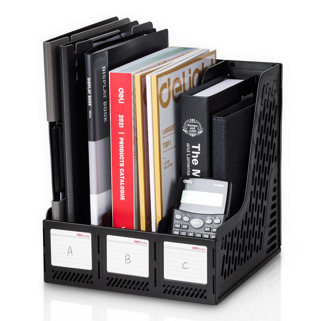 [Australia - AusPower] - Deli Magazine File Book Holder Desktop Organizer Vertical Document Folder for Office Organization, 3 Compartments, Black A - Black 