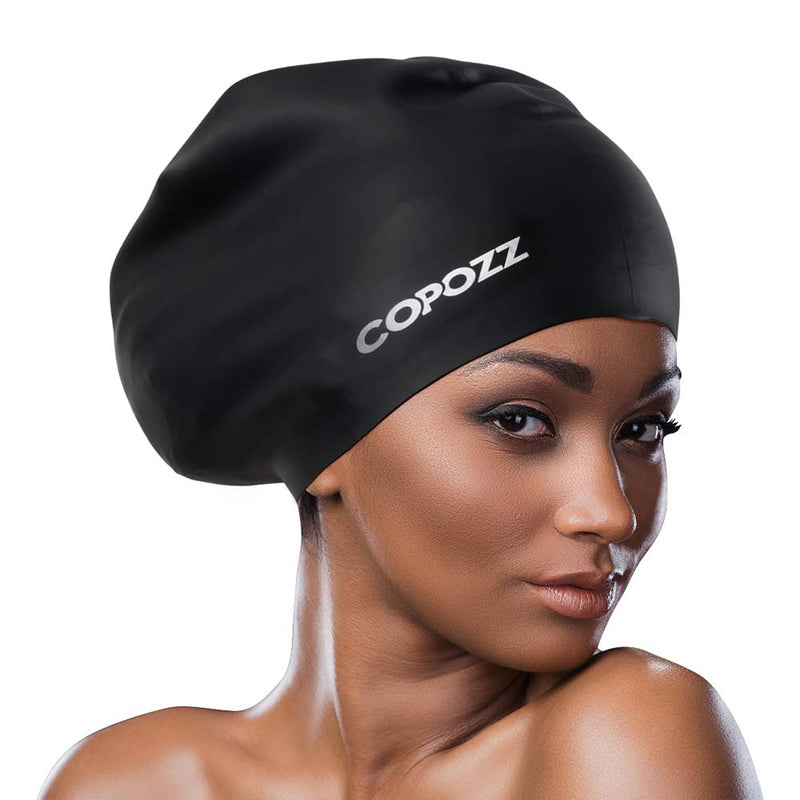 [Australia - AusPower] - COPOZZ Extra Large Swim Cap, Designed for Long Hair Braids Dreadlocks Weaves Hair Extensions Curls & Afros, Silicone Bathing Cap Swimming Hat for Women Men Black 