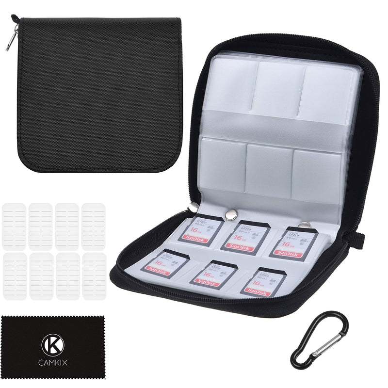 [Australia - AusPower] - Memory Card Case - Fits up to 88x SD, SDHC, Micro SD, Mini SD and 4X CF - Holder with 88 Slots (8 Pages) - for Storage and Travel - Microfiber Cleaning Cloth, Carabiner and Labels Included (Black) 