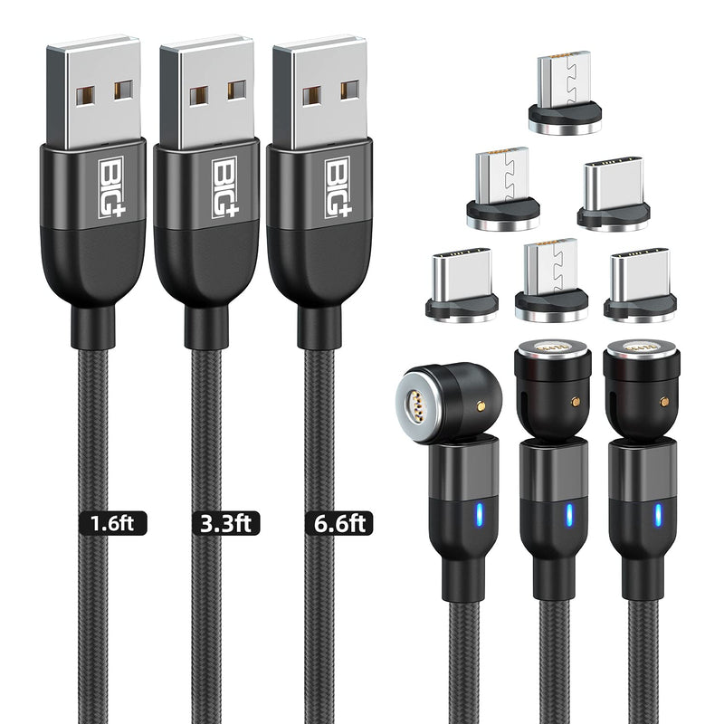[Australia - AusPower] - BIG+ Magnetic Charging Cable QC3.0A Fast Charging [3 Pack] 540° Rotating Heads. Magnetic Phone Charger, Magnetic Data Cable. Compatible Charger for Smartphones, Micro USB & Type C Devices 