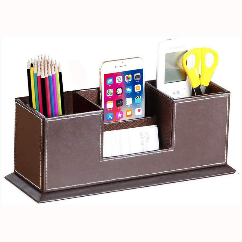[Australia - AusPower] - PU Leather Desk Organizer and Pens Holder with 4 Compartment, Pencil Organizer for Table,Office Supplies Desktop Storage Box for Business Card/Mobile Phone/Remote Control/stationery/Study Collection Brown 