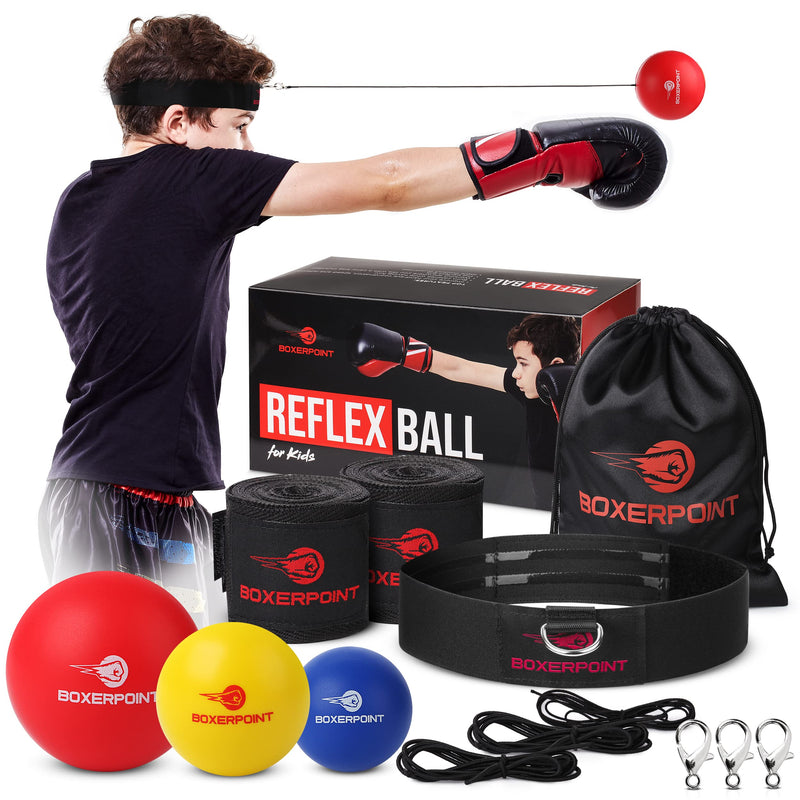 [Australia - AusPower] - Boxing Reflex Ball Set for Kids - 3 Difficulty Level Soft Punching Balls - Boxing Training Equipment with Adjustable Headband Boxing Trainer and Hand Wraps, Great for Hand Eye Coordination 