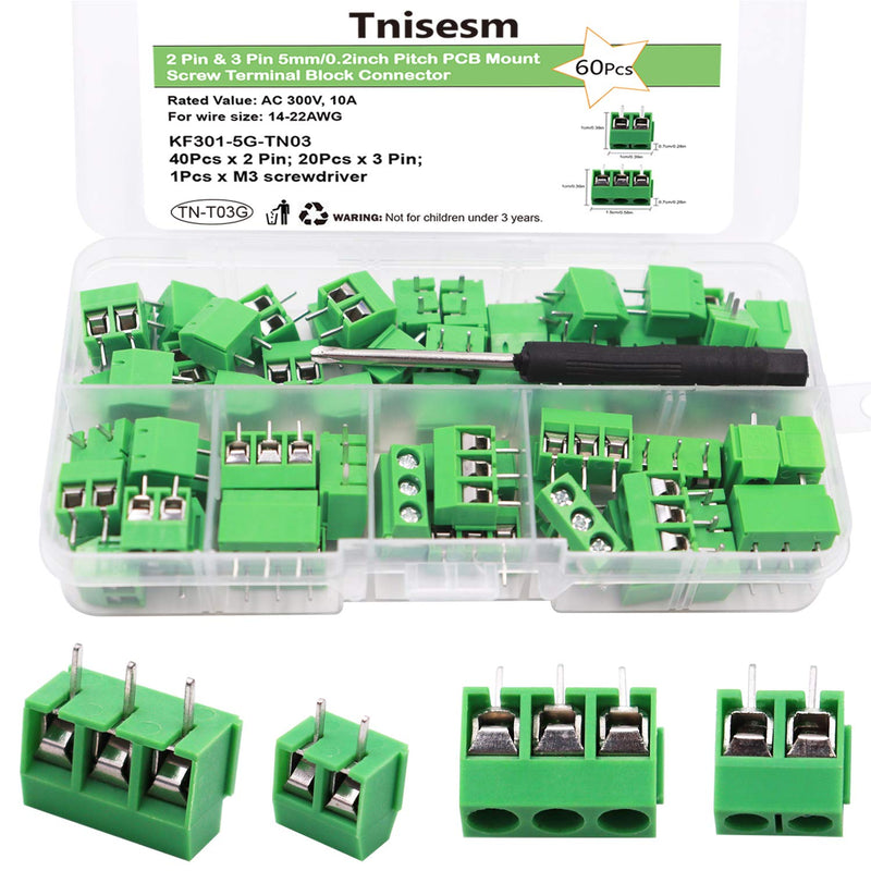 [Australia - AusPower] - Tnisesm/60pcs 2 Pin & 3 Pin 5mm/0.2inch Pitch PCB Mount Screw Terminal Block Connector (Can be Spliced) TN-T03G 