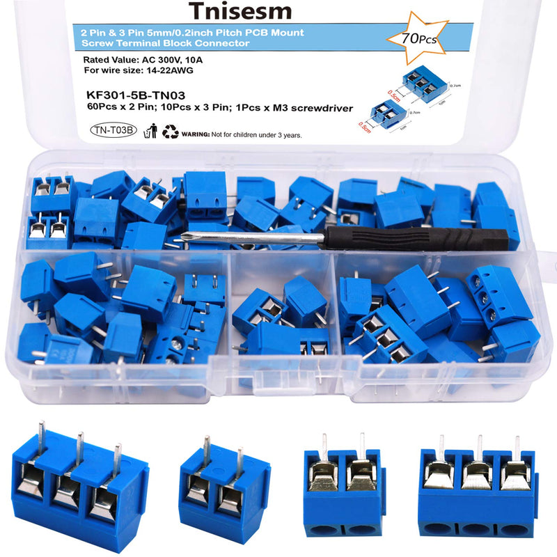 [Australia - AusPower] - Tnisesm/70pcs 2 Pin & 3 Pin 5mm/0.2inch Pitch PCB Mount Screw Terminal Block Connector (Can be Spliced) TN-T03B 