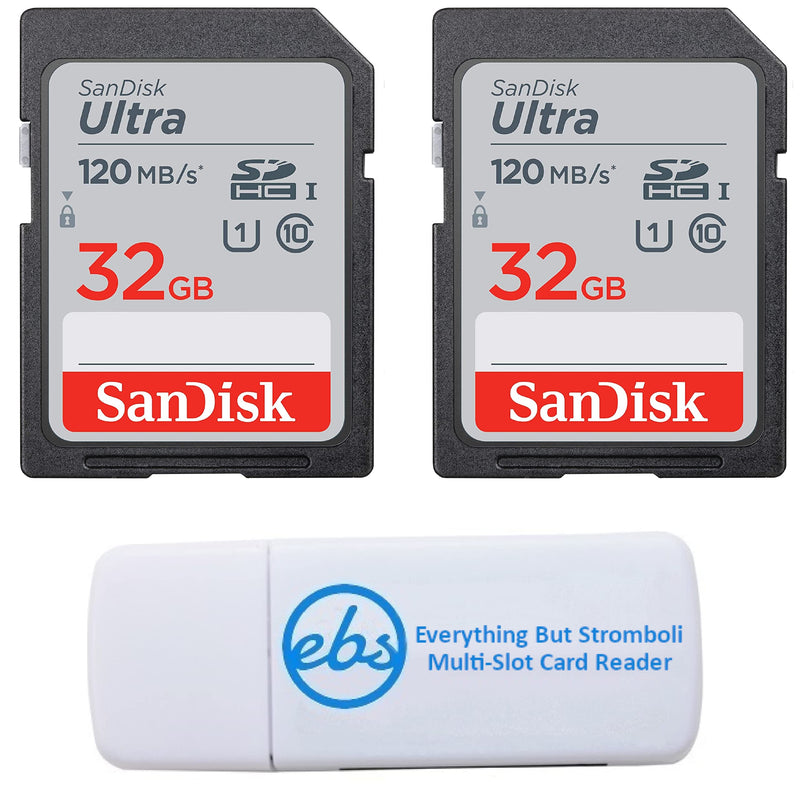 [Australia - AusPower] - SanDisk 32GB SDHC SD Ultra Memory Card (Two Pack) Works with Canon EOS Rebel T7, Rebel T6, 77D Digital Camera Class 10 (SDSDUN4-032G-GN6IN) Bundle with (1) Everything But Stromboli Combo Card Reader 32GB 2 Pack 