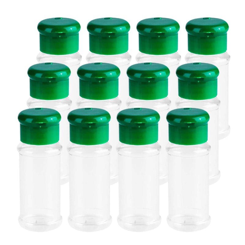 [Australia - AusPower] - Set of 12 Pcs Plastic Spice Bottles with Sifter Lid 2 Oz. Clear Reusable Containers Jars for Home Kitchen Herbs Seasonings Confectionary Toppings (Green) 