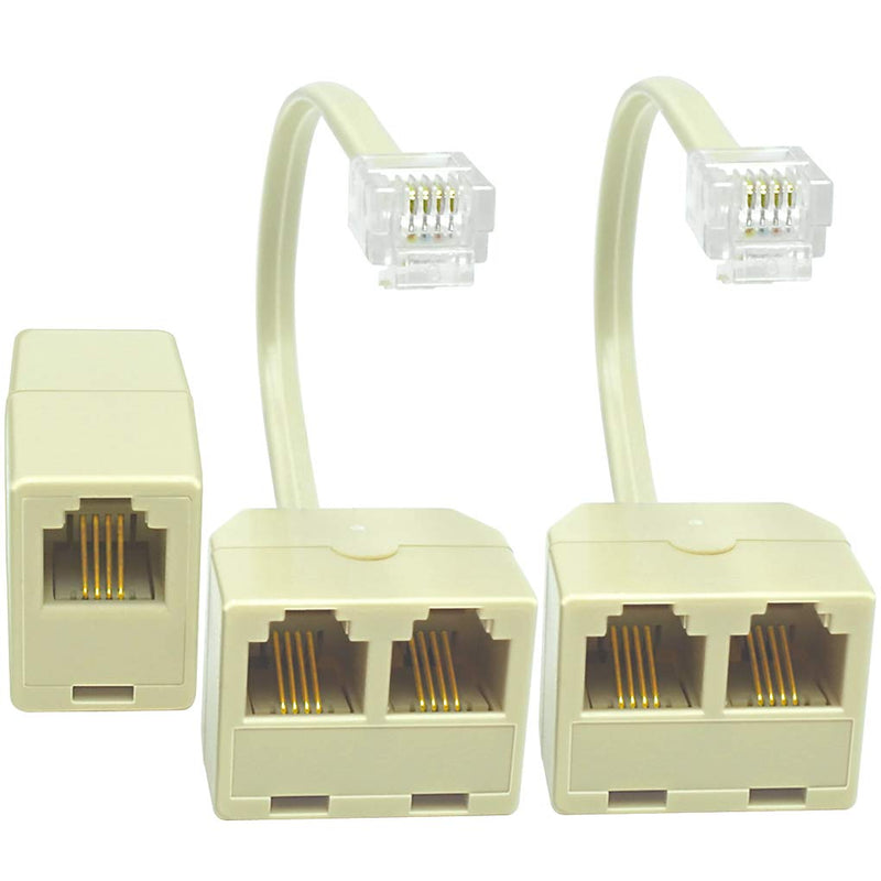 [Australia - AusPower] - NECABLES (2+1Pack) 2pcs Phone Line Splitter 1 to 2 RJ11 6P4C 1 Male to 2 Females with 5in Pigtail and 1pc Phone Line Coupler for Landline and Fax Ivory 