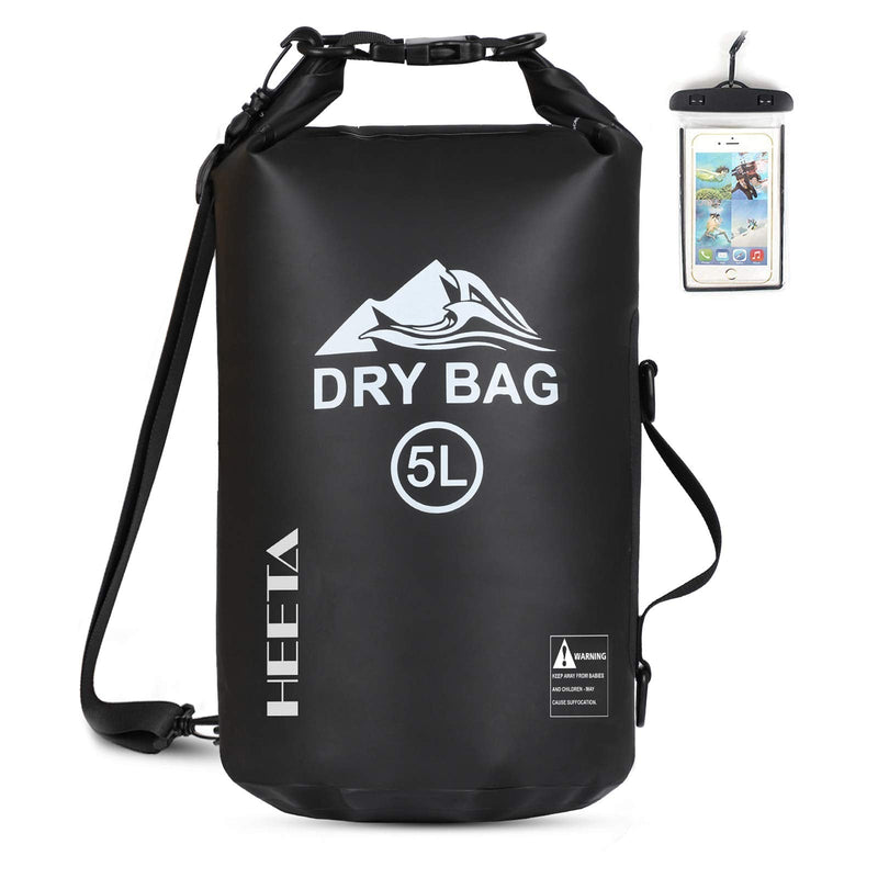 [Australia - AusPower] - HEETA Waterproof Dry Bag for Women Men, 5L/ 10L/ 20L Roll Top Lightweight Dry Storage Bag Backpack with Phone Case for Travel, Swimming, Boating, Kayaking, Camping and Beach Black 