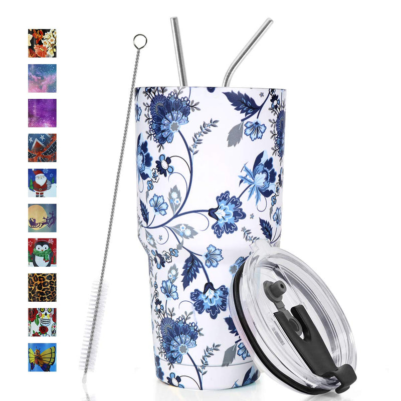 [Australia - AusPower] - SYACOT 30oz Tumbler Double Wall Stainless Steel Vacuum Insulated Travel Mug with Splash-Proof Lid Metal Straw and Brush (Blue and White Porcelain) Blue and White Porcelain 