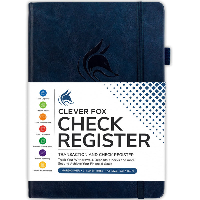 [Australia - AusPower] - Clever Fox Check Register – Deluxe Checkbook Log with Check & Transaction Registers, Bank Account Register Booklets for Personal and Work Use, A5 Hardcover - Dark Blue A5 (5.8'' x 8.3'') 