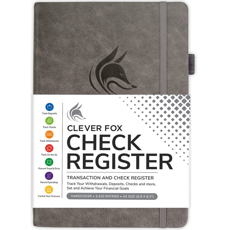 [Australia - AusPower] - Clever Fox Check Register – Deluxe Checkbook Log with Check & Transaction Registers, Bank Account Register Booklets for Personal and Work Use, A5 Hardcover - Grey A5 (5.8'' x 8.3'') 